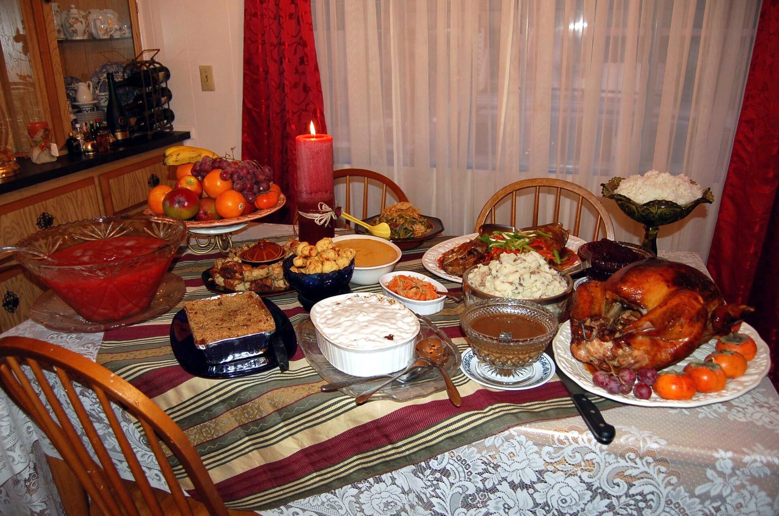 Thanksgiving dinner table with roast turkey and side dishes